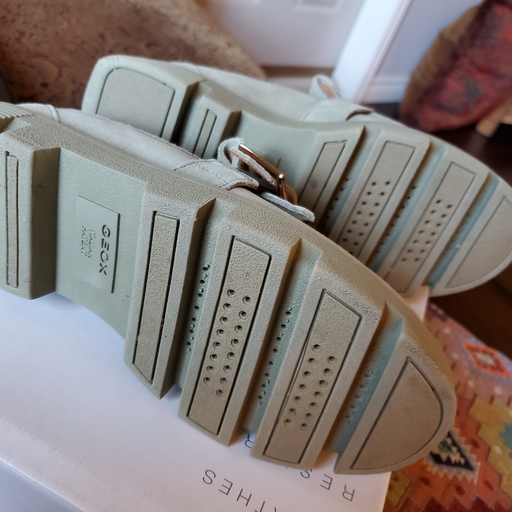 Geox Women's Sage Green Suede Fringe Loafers with Gold Buckle - Picture 3 of 6